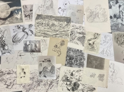 A collection of Penny Klein’s drawings laid out together, some overlapping each other slightly.